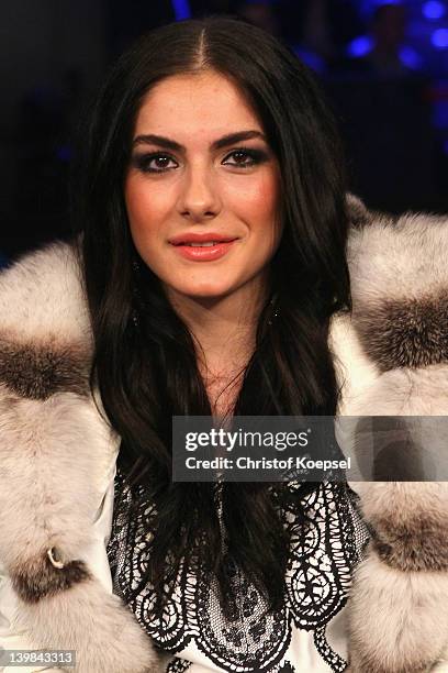 Amina Huck, the wife of marco Huck watches the WBA World Championship Heavyweight fight between Marco Huck of Germany and Alexander Povetkin of...