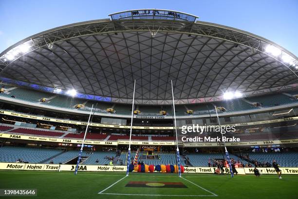 General view of goal square and Riverbank Standduring the round 10 AFL match between the Adelaide Crows and the St Kilda Saints at Adelaide Oval on...