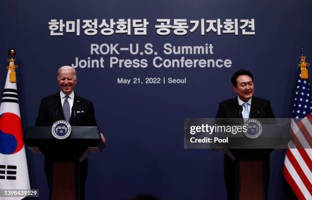 President Joe Biden speaks as South Korean President Yoon Suk-yeol listens during a news press conference at the Presidential office on May 21, 2022...