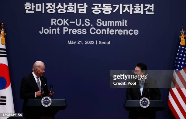 President Joe Biden speaks with South Korean President Yoon Suk-yeol during a news press conference at the Presidential office on May 21, 2022 in...