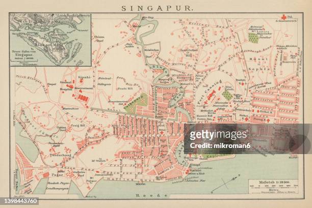 old engraved map of singapore - singapore map stockfoto's en -beelden
