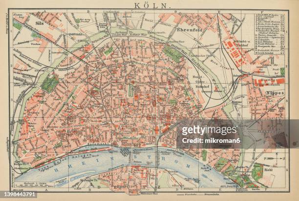old engraved map of cologne, largest city of germany's most populous state of north rhine-westphalia, germany - nrw karte stock-fotos und bilder