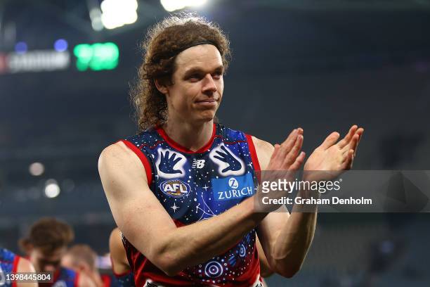 Ben Brown of the Demons thanks the fans following victory in the round 10 AFL match between the North Melbourne Kangaroos and the Melbourne Demons at...