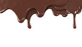 Melted brown chocolate dripping on white background, 3D illustration.