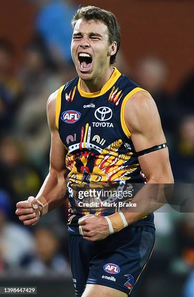 Riley Thilthorpe of the Adelaide Crows celebrates a goal during the round 10 AFL match between the Adelaide Crows and the St Kilda Saints at Adelaide...