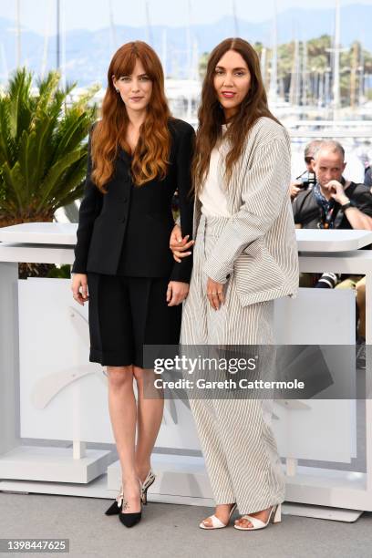 Riley Keough and Gina Gammell attend the photocall for "War Pony" during the 75th annual Cannes film festival at Palais des Festivals on May 21, 2022...
