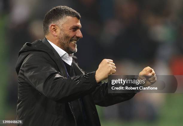 Western United coach John Aloisi celebrates after Western United defeated the Victory during the second leg A-League Mens Semi Final match between...