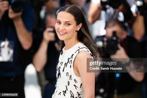 Alicia Vikander attends the photocall for "Irma Vep" during the 75th annual Cannes film festival at Palais des Festivals on May 21, 2022 in Cannes,...