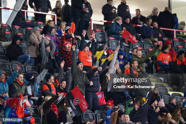 Crusaders fans show their support during the round 14 Super Rugby Pacific match between the Crusaders and the Fijian Drua at Orangetheory Stadium on...