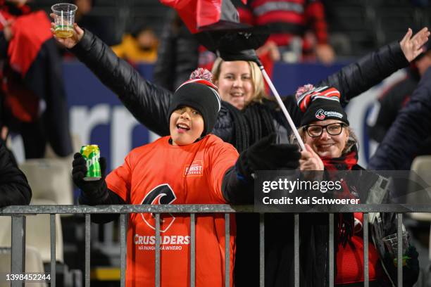 Crusaders fans show their support during the round 14 Super Rugby Pacific match between the Crusaders and the Fijian Drua at Orangetheory Stadium on...