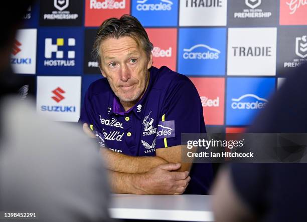 Storm coach Craig Bellamy speaks at the post match media conference at the end of the round 11 NRL match between the North Queensland Cowboys and the...