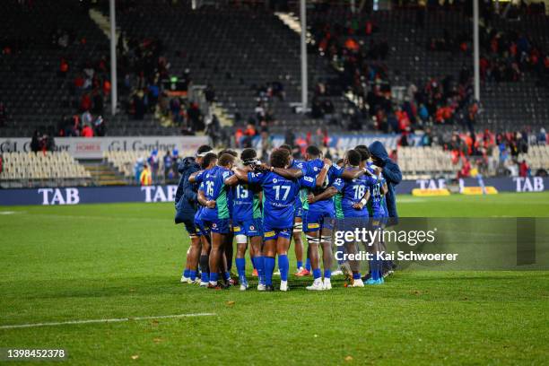 Fijian Drua huddle after their loss in the round 14 Super Rugby Pacific match between the Crusaders and the Fijian Drua at Orangetheory Stadium on...