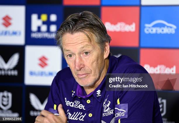 Storm coach Craig Bellamy speaks at the post match media conference at the end of the round 11 NRL match between the North Queensland Cowboys and the...