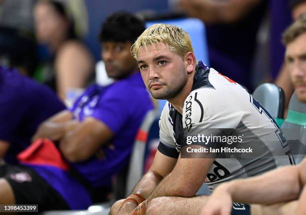 Brandon Smith of the Storm looks on during the round 11 NRL match between the North Queensland Cowboys and the Melbourne Storm at Qld Country Bank...