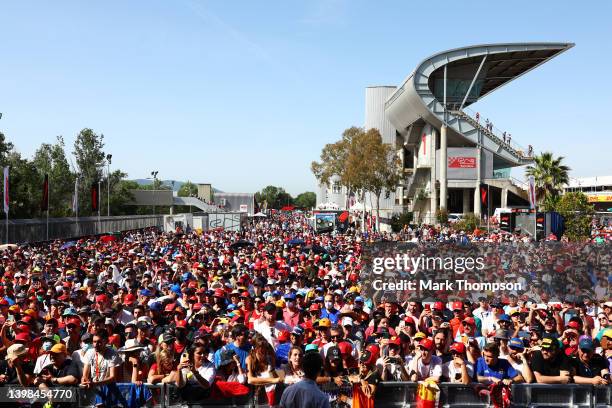 Fans watch drivers talk on the fan stage prior to practice ahead of the F1 Grand Prix of Spain at Circuit de Barcelona-Catalunya on May 21, 2022 in...