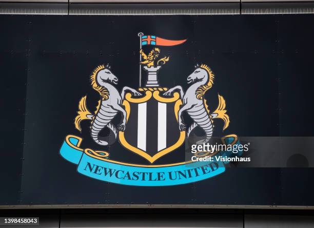 General view of a Newcastle United badge on the outside of St James Park, home of Newcastle United, ahead of the Premier League match between...