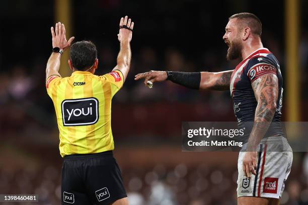 Jared Waerea-Hargreaves of the Roosters is sent to the sin bin by referee Gerard Sutton during the round 11 NRL match between the Sydney Roosters and...