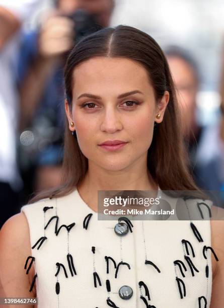Alicia Vikander attends the photocall for "Irma Vep" during the 75th annual Cannes film festival at Palais des Festivals on May 21, 2022 in Cannes,...