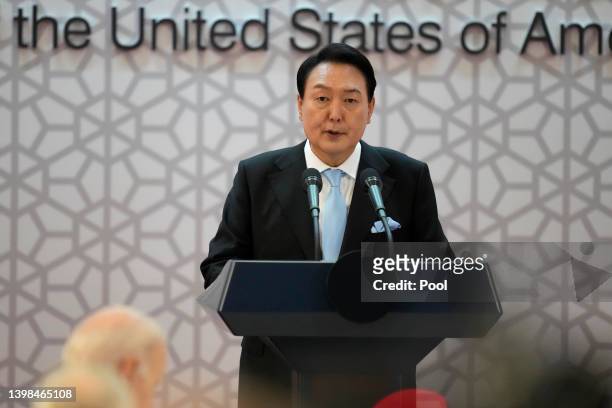 South Korean President Yoon Suk-yeol delivers a speech before the state dinner at the National Museum on May 21, 2022 in Seoul, South Korea. U.S....