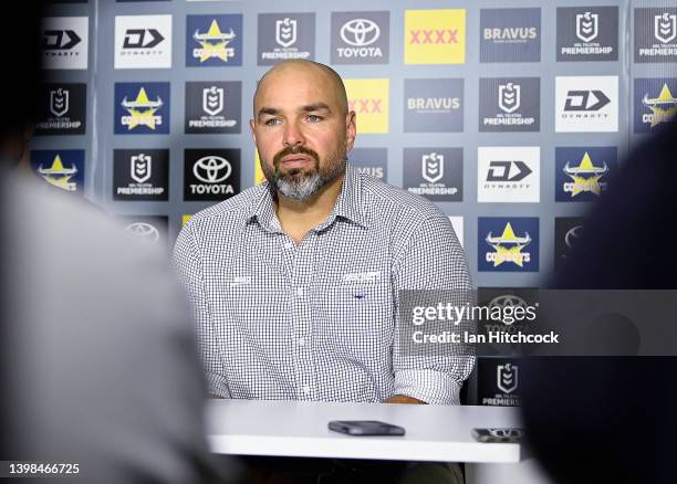 Cowboys coach Todd Payten speaks at the post match media conference at the end of the round 11 NRL match between the North Queensland Cowboys and the...