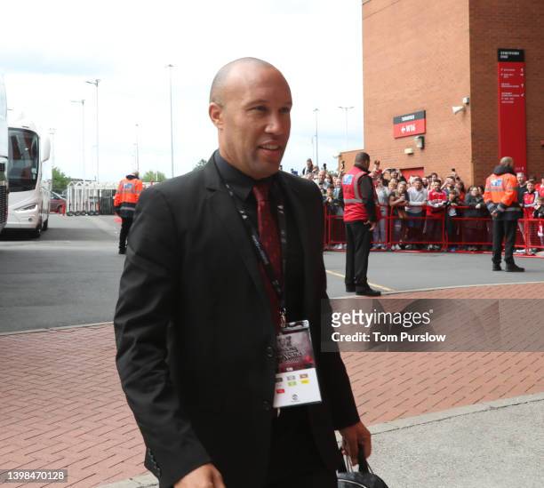 Mikael Silvestre of Manchester United Legends arrives ahead of the Manchester United v Liverpool: Legends of the North match in aid of the MU...