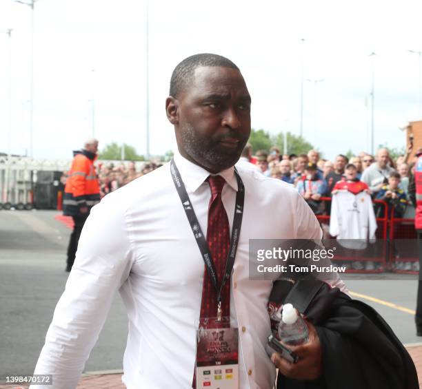 Assistant manager Andy Cole of Manchester United Legends arrives ahead of the Manchester United v Liverpool: Legends of the North match in aid of the...