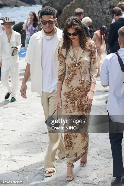 Kendall Jenner and Devin Booker arriving for lunch at the Abbey of San Fruttuoso on May 21, 2022 in Portofino, Italy.