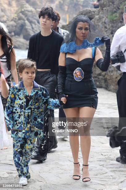 Kourtney Kardashian arriving for lunch at the Abbey of San Fruttuoso on May 21, 2022 in Portofino, Italy.