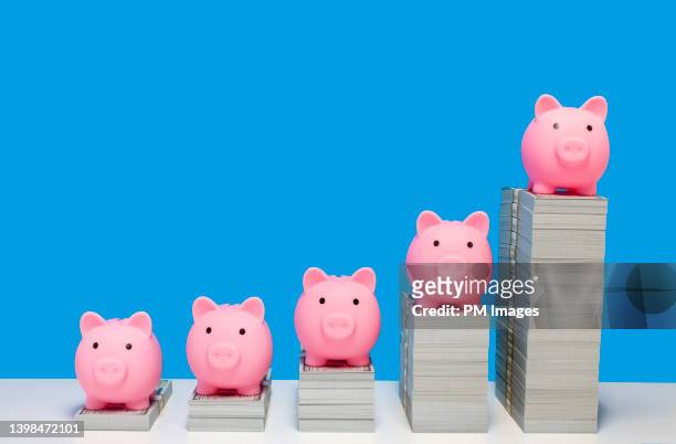 pink piggy banks on ascending stacks of paper currency - happy piggy bank stock pictures, royalty-free photos & images