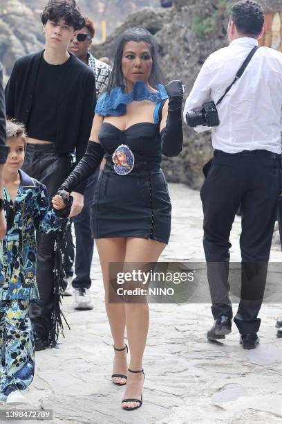 Kourtney Kardashian arriving for lunch at the Abbey of San Fruttuoso on May 21, 2022 in Portofino, Italy.
