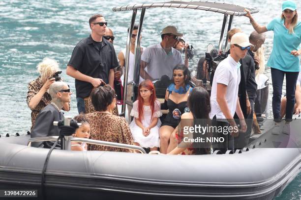 Kourtney Kardashian, Travis Barker, Kylie Jenner and Kris Jenner arriving for lunch at the Abbey of San Fruttuoso on May 21, 2022 in Portofino, Italy.