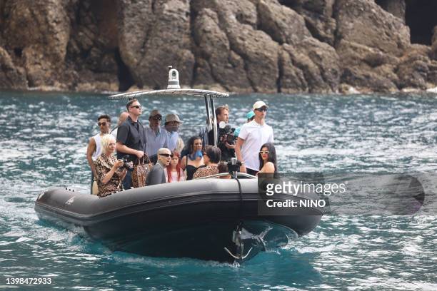 Kourtney Kardashian, Travis Barker, Kylie Jenner and Kris Jenner arriving for lunch at the Abbey of San Fruttuoso on May 21, 2022 in Portofino, Italy.