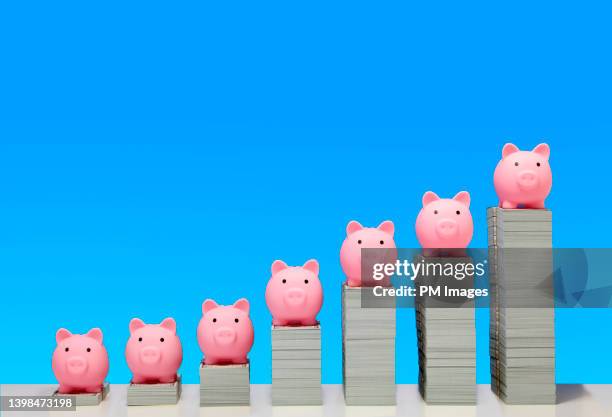 pink piggy banks on ascending stacks of paper currency - cash contest stock pictures, royalty-free photos & images