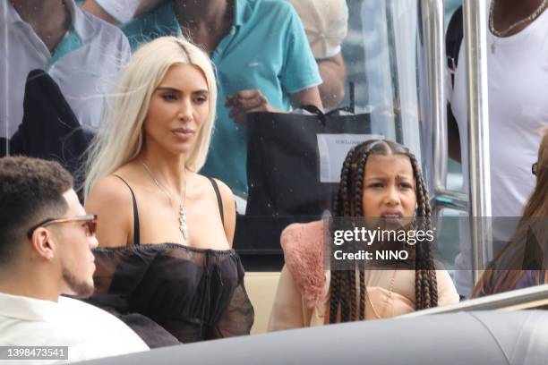 Kim Kardashian and North West arriving for lunch at the Abbey of San Fruttuoso on May 21, 2022 in Portofino, Italy.