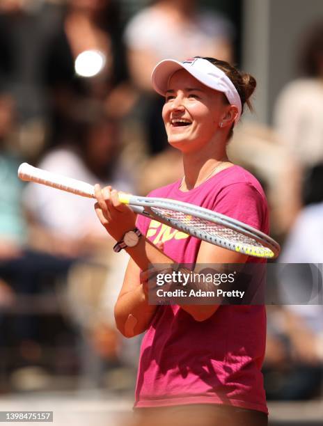 Barbora Krejcikova of Czech Republic reacts during kids day at Roland Garros on May 21, 2022 in Paris, France.