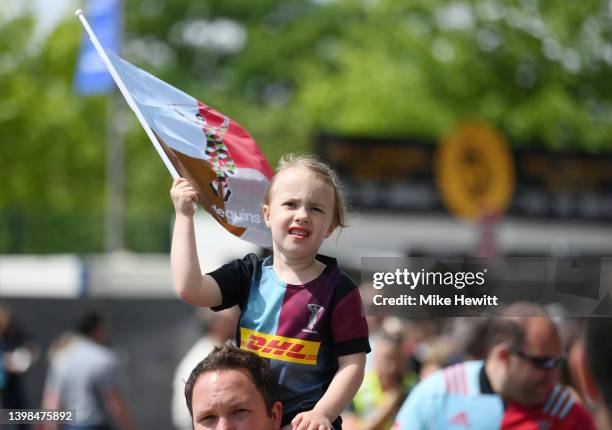 Harlequins fan arrives at the stadium prior to the Gallagher Premiership Rugby match between Harlequins and Gloucester Rugby at Twickenham Stoop on...