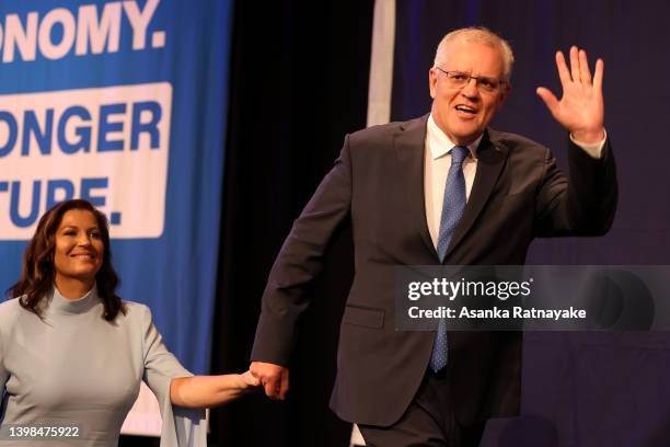 Prime Minister of Australia Scott Morrison and his wife Jenny Morrison arrive after conceding defeat following the results of the Federal Election...