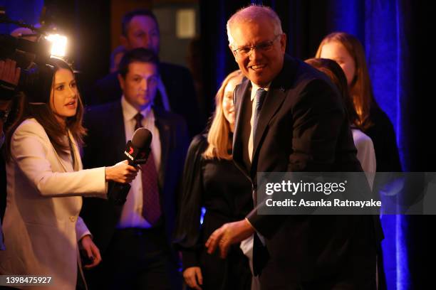 Prime Minister of Australia Scott Morrison and his wife Jenny Morrison arrive after conceding defeat following the results of the Federal Election...