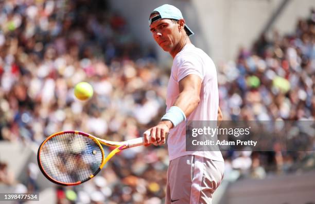 Rafael Nadal of Spain reacts during a practice session prior to the start of 2022 French Open at Roland Garros on May 21, 2022 in Paris, France.