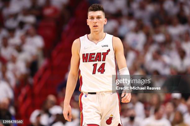 Tyler Herro of the Miami Heat reacts against the Boston Celtics in Game Two of the 2022 NBA Playoffs Eastern Conference Finals at FTX Arena on May...