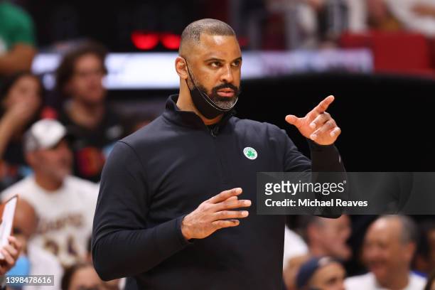 Head coach Ime Udoka of the Boston Celtics reacts against the Miami Heat in Game Two of the 2022 NBA Playoffs Eastern Conference Finals at FTX Arena...
