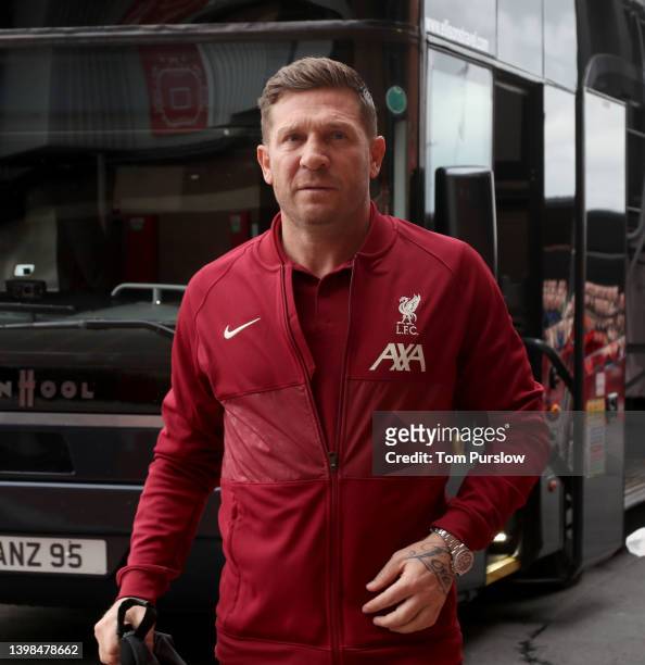 Andriy Voronin of Liverpool Legends arrives ahead of the Manchester United v Liverpool: Legends of the North match in aid of the MU Foundation at Old...