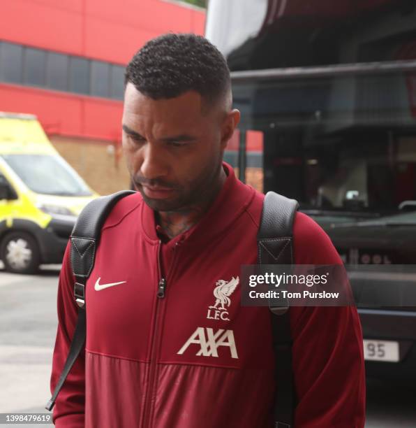 Jermaine Pennant of Liverpool Legends arrives ahead of the Manchester United v Liverpool: Legends of the North match in aid of the MU Foundation at...