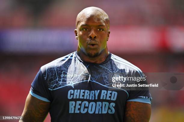 Adebayo Akinfenwa of Wycombe Wanderers warms up prior to the Sky Bet League One Play-Off Final match between Sunderland and Wycombe Wanderers at...