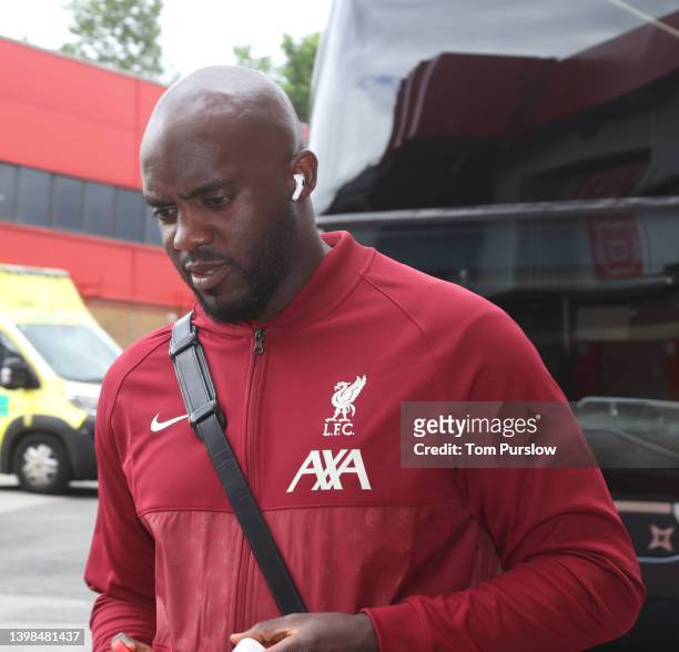 Momo Sissoko of Liverpool Legends arrives ahead of the Manchester United v Liverpool: Legends of the North match in aid of the MU Foundation at Old...