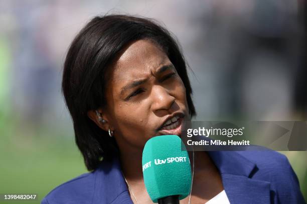 Maggie Alphonsi, former England player speaks to the media prior to the Gallagher Premiership Rugby match between Harlequins and Gloucester Rugby at...