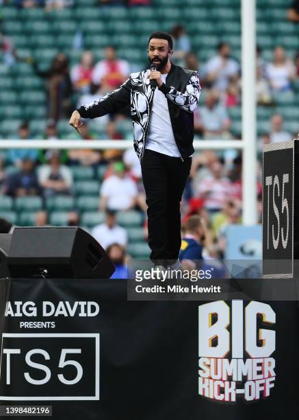 Craig David, Musician performs prior to the Gallagher Premiership Rugby match between Harlequins and Gloucester Rugby at Twickenham Stoop on May 21,...