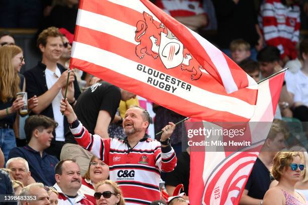Gloucester fans show their support prior to the Gallagher Premiership Rugby match between Harlequins and Gloucester Rugby at Twickenham Stoop on May...