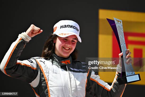 Second placed Abbi Pulling of Great Britain and Racing X celebrates on the podium during the W Series Round 2 race at Circuit de Barcelona-Catalunya...