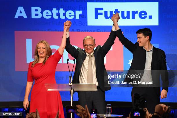 Labor Leader Anthony Albanese, his partner Jodie Haydon and his son Nathan Albanese celebrate victory during the Labor Party election night event at...